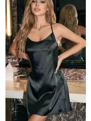 Freya Saten Siyah Arka Kesim Tül Detaylı Çapraz Fantezi Gecelik