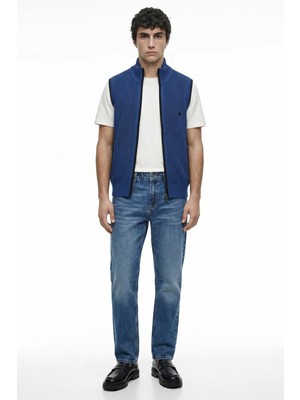 Sementa Yarım Balıkçı Fermuarlı Yünlü Triko Yelek - Saks - Siyah