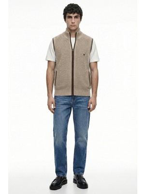 Sementa Yarım Balıkçı Fermuarlı Yünlü Triko Yelek - Bej - Kahverengi