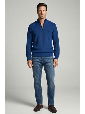 Sementa Yünlü Yarım Fermuarlı Triko Kazak - Saks - Siyah