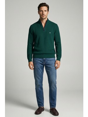 Sementa Yünlü Yarım Fermuarlı Triko Kazak - Yeşil - Lacivert