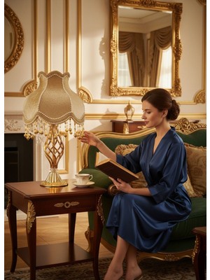 dekovien Gold Ipek Kadife Kaplı Inci Şerit Süsleme Gece Lambası Abajur Vintage Model 55X30CM AB0004P