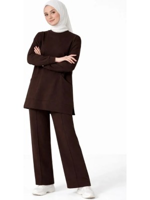 İlk El Grup Ieg™ Osy Modal Yumuşak Dokulu Kumaş Tesettür Cepli Tunik Pantolon Takım - Kahverengi