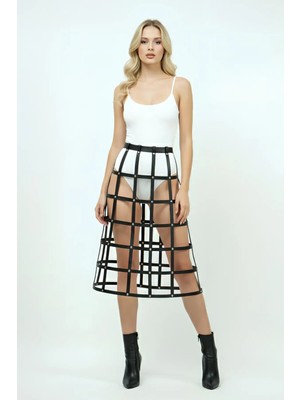 İlk El Grup Ieg™ Siyah Etek Deri Şeritli Kafes Detaylı Etek Midi Boy Deri Etek - BRF1396