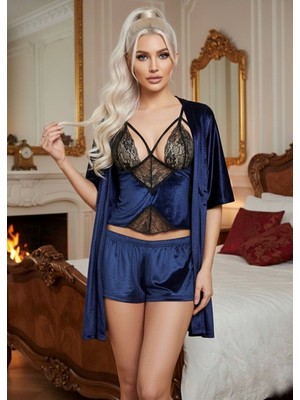 İlk El Grup Ieg™ Lacivert Kadife Dantelli Sabahlık & Gecelik Takım 3' Lü - 1432