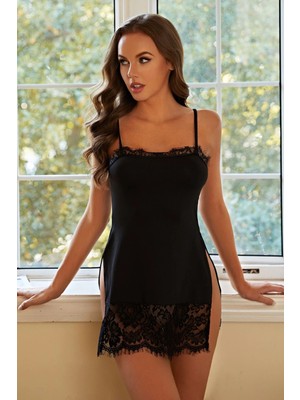 İlk El Grup Ieg™ Kadın Siyah Yırtmaçlı Dantel Işlemeli Şık Gecelik