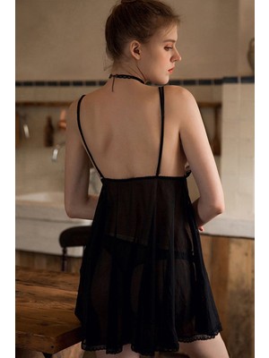 İlk El Grup Ieg™ Kadın Siyah Transparan Dantelli Çift Sıra Askılı Şık Gecelik