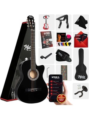 Midex CG-390BK-XBAG Siyah Klasik Gitar 4/4 Sap Ayarlı Kesik Kasa Full Set (Çanta Tuner Askı Capo Metod Pena)