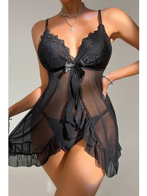 İlk El Grup Ieg™ Kadın Siyah Dantelli, Fırfırlı Tül ve Fiyonk Detaylı Tangalı Gecelik Takımı