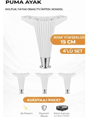 İmt Aksesuar Puma 15 cm Beyaz-Krom (4 Adet) Mobilya Kanepe Tv Ünitesi Konsol Dolap Komidin Ayağı