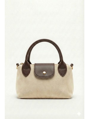 Purpleart Kadın Süet Bej - Kahve Mini El ve Omuz Çantası 13X20CM