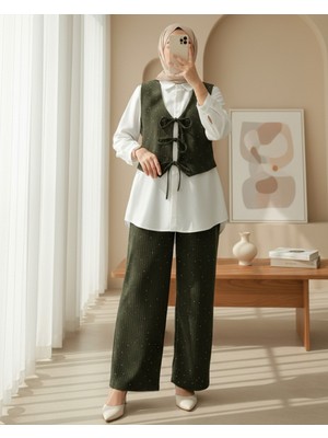 Modamorfo Önü Bağlamalı Yelek Pantolon Kadife Takım  -Haki