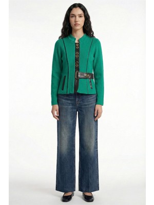 Sementa Suni Deri Detaylı Yünlü Kadın Triko Ceket - Yeşil - Siyah