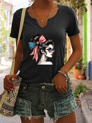 Mercoledi Kadın American Girl Baskılı Yarım V-Yaka Kollu Regular Kalıp Rahat T-Shirt