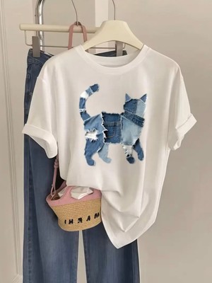 Mercoledi Denim Kedi Baskılı Oversize Bisiklet Yaka T-Shirt