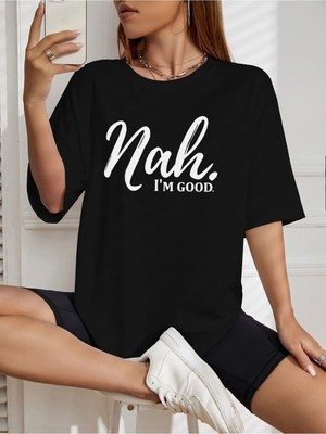 Mercoledi Nah Baskılı Siyah Oversize T-Shirt Salaş Boyfirend