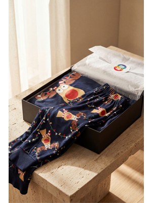 Kadın Geyik Desenli Kutulu Yılbaşı Pijama Takımı Lacivert