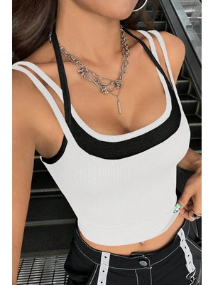 İlk El Grup Ieg™ Kadın Siyah Beyaz Çift Renk Çapraz Askılı Crop Top Bluz