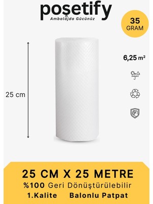 Poşetify 25cm x 25 m Balonlu Naylon Patpat | 1. sınıf | 3 Katlı | 6,25 m2 | 35 gr/m² | Kalın Paketleme Rulosu