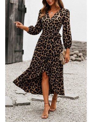 İlk El Grup Ieg™ Kadın Uzun Kollu Kruvaze Yaka Yandan Bağlamalı Önden Fırfır Detaylı Süprem Uzun Elbis