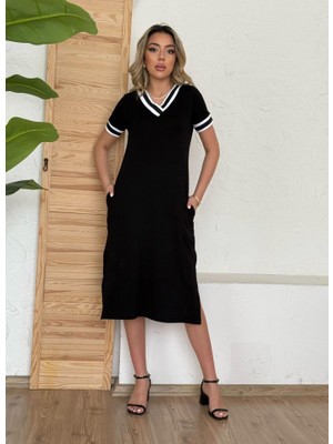 İlk El Grup Ieg™ Kadın Kısa Kollu V Yaka Kol ve Yaka Ribana Detay Midi Boy Viskon Elbise