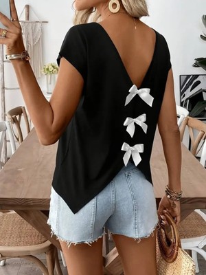 İlk El Grup Ieg™ Kadın Kısa Kollu V Yakalı Arkadan Kurdele Detaylı Viskon Bluz