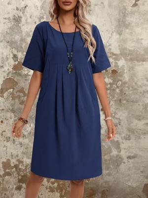 İlk El Grup Ieg™ Kadın Kısa Kollu Yakası Açık Önden Büzgülü Cep Detaylı Viskon Iki Iplik Elbise