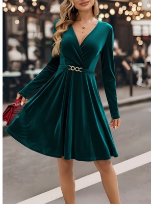 İlk El Grup Ieg™ Kadın Uzun Kollu Kruvaze Yakalı Toka Detaylı Mini Kadife Elbise