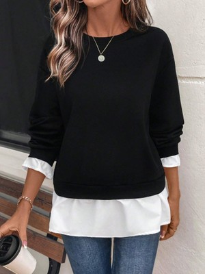 İlk El Grup Ieg™ Kadın Uzun Kollu Bisiklet Yaka Viskon Iki Iplik ve Etek Ucu Trikoton Bluz