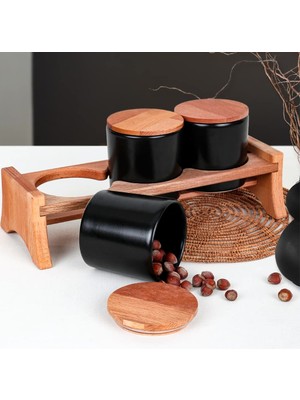 Hype Store Mat Siyah Ege Ahşap Standlı Saklama Kabı 10 cm 3 Parça