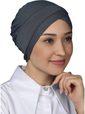 Altobeh Dört Bantlı Çapraz Dış Tesettür Bonesi Hazır Türban Penye -Füme