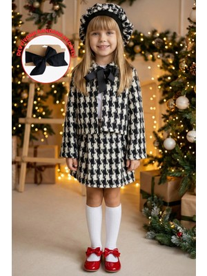 Parla Kids Kız Çocuk Santa Siyah Beyaz Ekose Alt Üst Etek Ceket Kep Takım Bandana Hediyeli