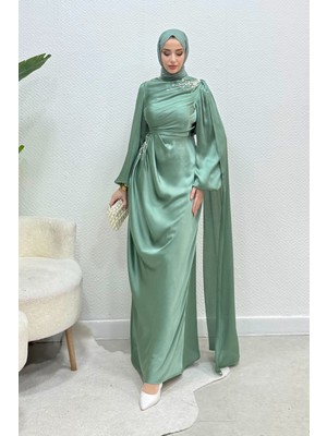 Tesettür Diyarı Diores Taş Detaylı Pelerinli Janjan Kumaş Tesettür Abiye- Mint Yeşili