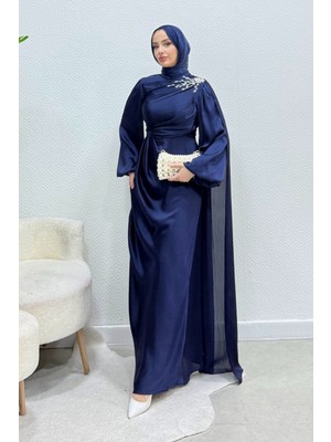 Tesettür Diyarı Diores Taş Detaylı Pelerinli Janjan Kumaş Tesettür Abiye- Lacivert