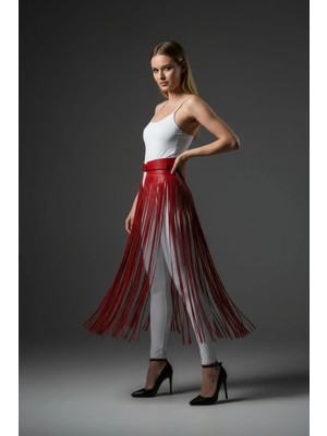 İlk El Grup Ieg™ Kırmızı Etek Uzun Püskül Detaylı Etek Suni Deri Etek - BRF1003