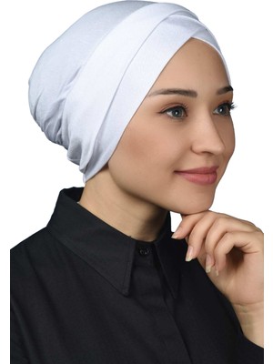 Altobeh Dört Bantlı Çapraz Dış Tesettür Bonesi Hazır Türban Penye -Beyaz