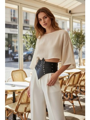 İlk El Grup Ieg™ Siyah Kadın Kemer Zımba Detaylı Geniş Korse Bel Aksesuarı - BRF1087