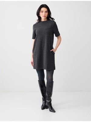 Jimmy Key Antrasit Melanj Yumuşak Dokulu Bisiklet Yaka Örme Mini Elbise