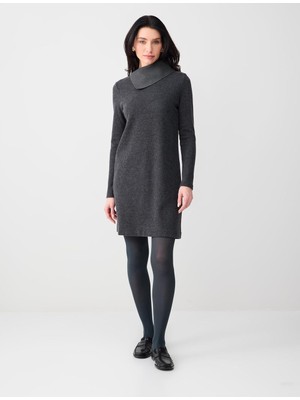 Jimmy Key Antrasit Melanj Yumuşak Dokulu Asimetrik Yaka Örme Mini Elbise