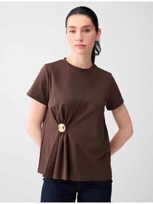 Jimmy Key Acı Kahve Rahat Kesim Bisiklet Yaka Büzgülü Örme Tişört