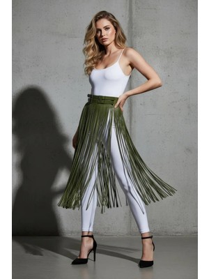 İlk El Grup Ieg™ Haki Etek Uzun Püskül Detaylı Etek Suni Deri Etek Yüksek Bel Etek - BRF1090