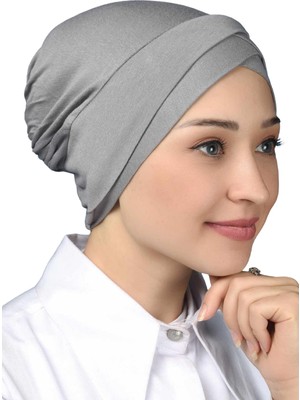 Altobeh Dört Bantlı Çapraz Dış Tesettür Bonesi Hazır Türban Penye - Gri