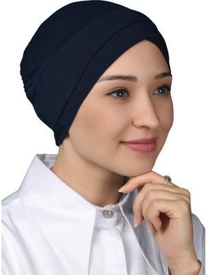 Altobeh Dört Bantlı Çapraz Dış Tesettür Bonesi Hazır Türban Penye - Lacivert