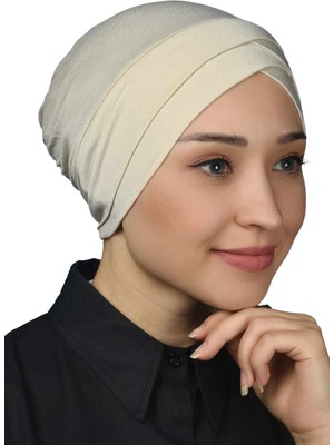 Altobeh Dört Bantlı Çapraz Dış Tesettür Bonesi Hazır Türban Penye - Krem