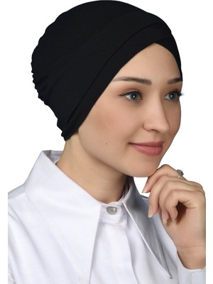 Altobeh Dört Bantlı Çapraz Dış Tesettür Bonesi Hazır Türban Penye -Siyah