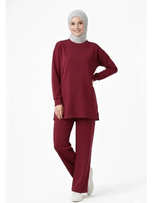 Livizmir Moda Osy Modal Yumuşak Dokulu Tesettür Ikili Takım Yan Yırtmaçlı Uzun Tunik ve Düz Paça Pantolon, Salaş Kalıp - Bordo
