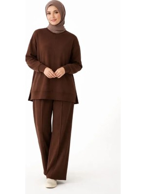 Livizmir Moda Osy Modal Yumuşak Dokulu Tesettür Ikili Takım Yan Yırtmaçlı Uzun Tunik ve Düz Paça Pantolon, Salaş Kalıp - Kahverengi
