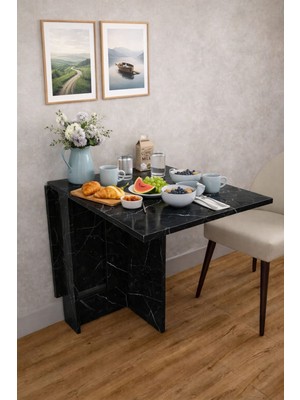 Mobilyacın Demonte Pratik Açılır Kapanır Kanatlı Masa - Yemek Masası Siyah Mermer