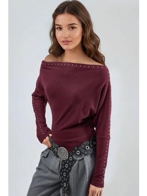 Hiccup Kadın Busem Taşlı Aksesuarlı Kayık Yaka Bluz Bordo Kırmızı