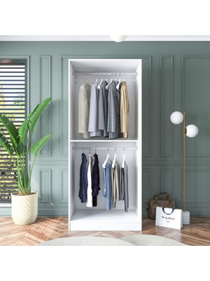 Rani BA179 Membran Kapaklı Gardırop Raflı 2 Askılı 2 Kapaklı Elbise Dolabı Beyaz